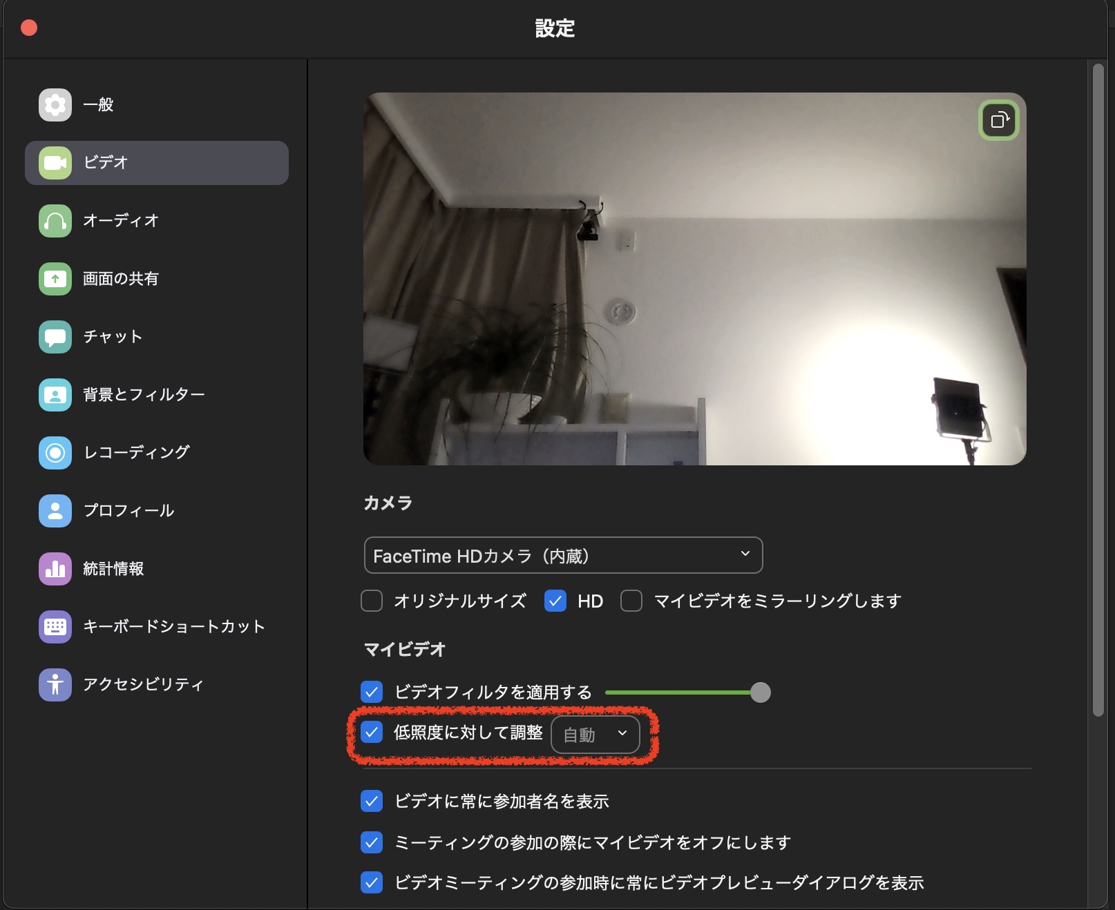 Zoom-明るさの調整、初期設定では自動