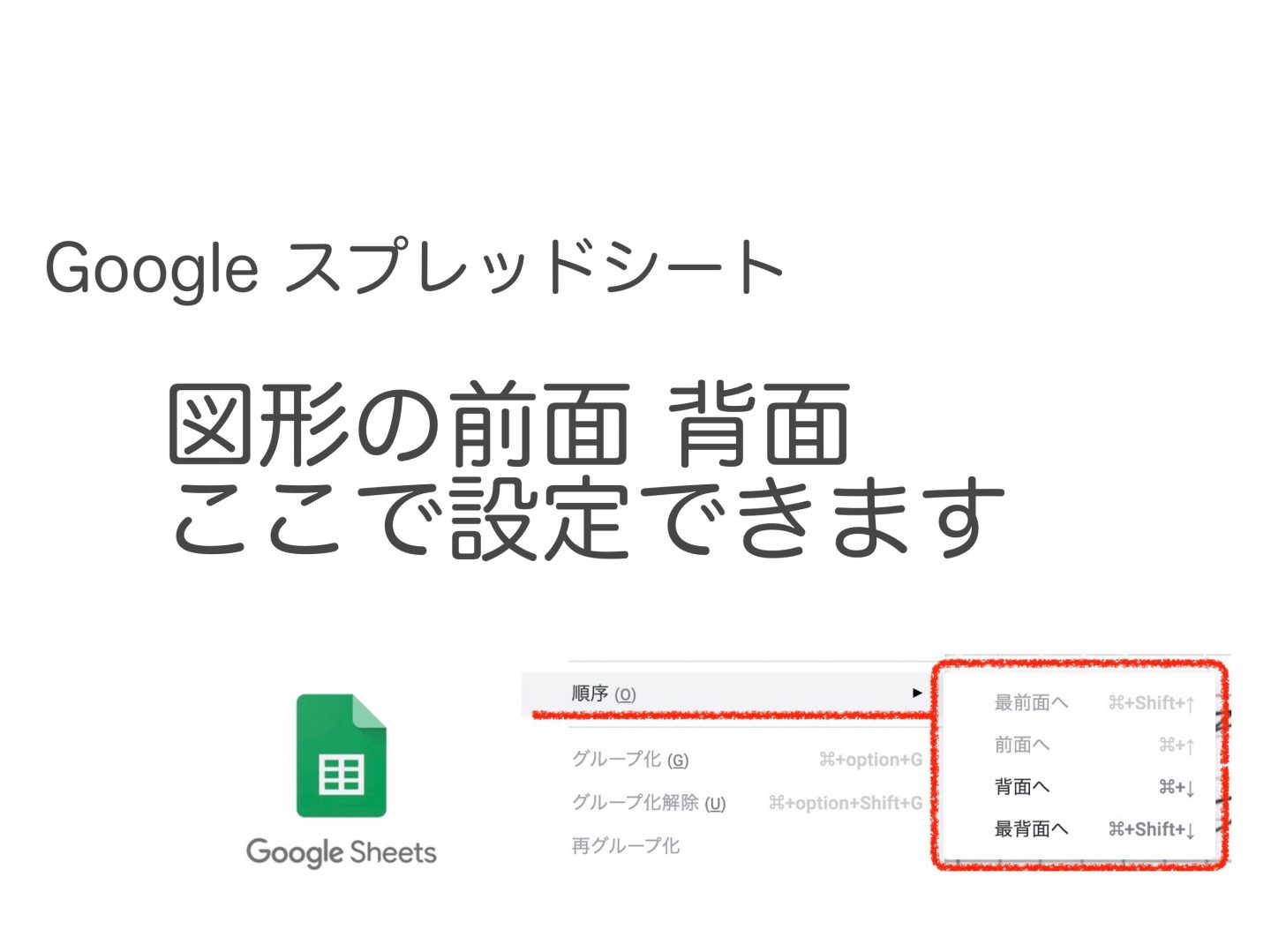 【Googleスプレッドシート】図形のレイヤー移動  最前面に移動など