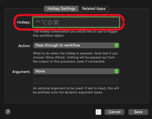 alfred-workflow　HotKey設定画面